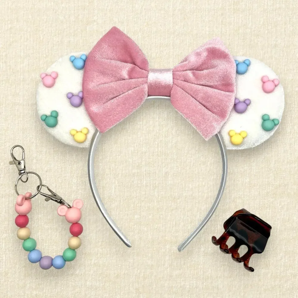 Velvet Pastel Mickey Bead Minnie Ears – Pink Bow | Disney-Inspired Mouse Ears